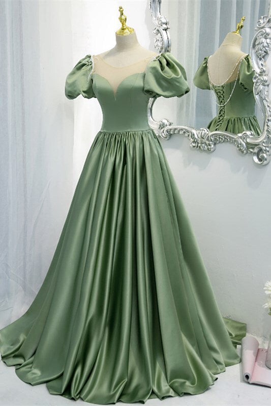 Green A-line Long Formal Gown Satin Prom Dresses