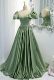 Green A-line Long Formal Gown Satin Prom Dresses