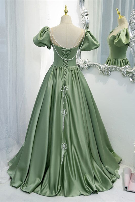 palm royale formal dress Green A-line Long Formal Gown Satin Prom Dresses – jkprom