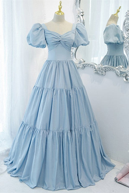 Light Blue Ball Gown Long Formal Dress Short Sleeves
