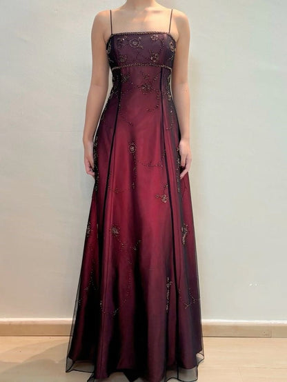Burgundy Straps Exquisite Beaded Long Formal Dress Woman Party Dresses