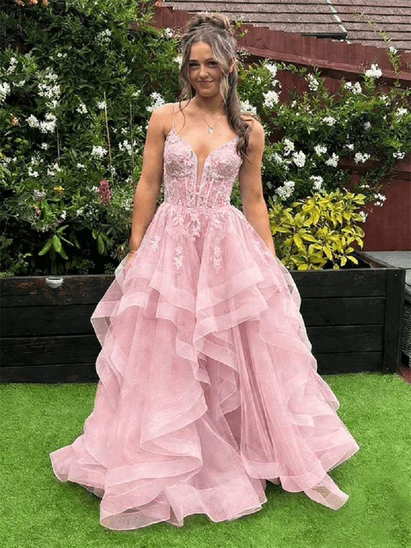 Fancy Pink Ruffled Dress Long Straps V Neck A-line Prom Dresses Long