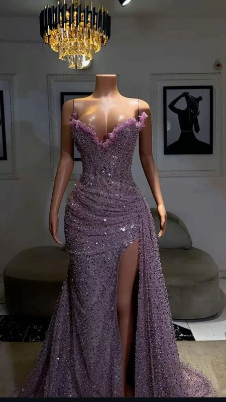 Purple High Split Evening Dresses Sequin Mermaid Prom Dress Long