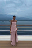 White Strapless Satin Chiffon Split Holiday Summer Prom Dress