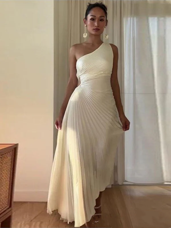 One Shoulder Mermaid Satin Prom Dresses Pleated Formal Party Gown