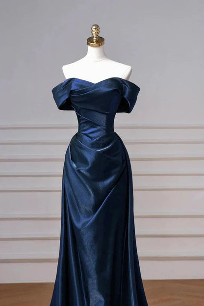 Burgundy Prom Dresses Off The Shoulder Draped Satin Floor Length Evening Dress