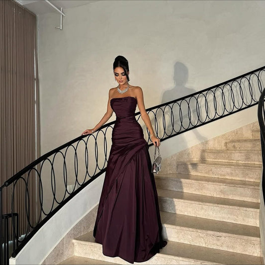 Dark Purple Strapless Gown Ruched Bodice Floor Length