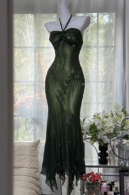 Vintage Green Mermaid Formal Evening Gown Halter Beaded Prom Dresses