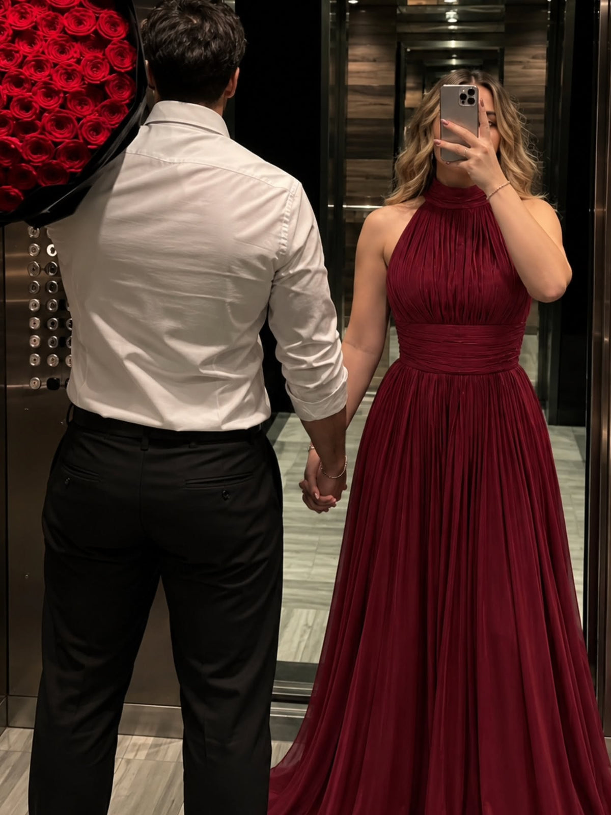 Elegant Burgundy Halter Pleated Evening Gown Flowing A-line