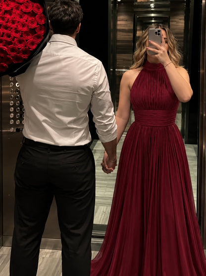 Elegant Burgundy Halter Pleated Evening Gown Flowing A-line