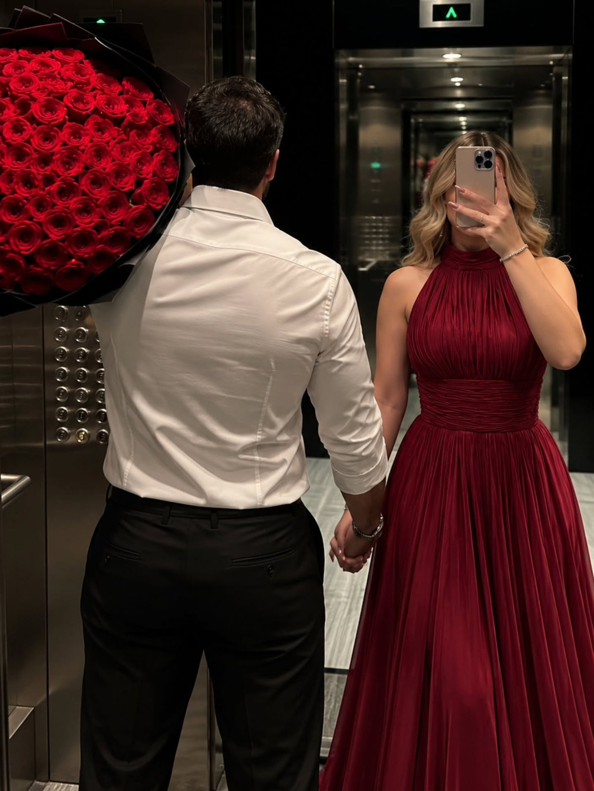 Elegant Burgundy Halter Pleated Evening Gown Flowing A-line