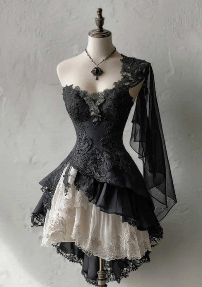 Gothic Black Asymmetrical One-shoulder A-Line Party Dress Draped Short Dresses