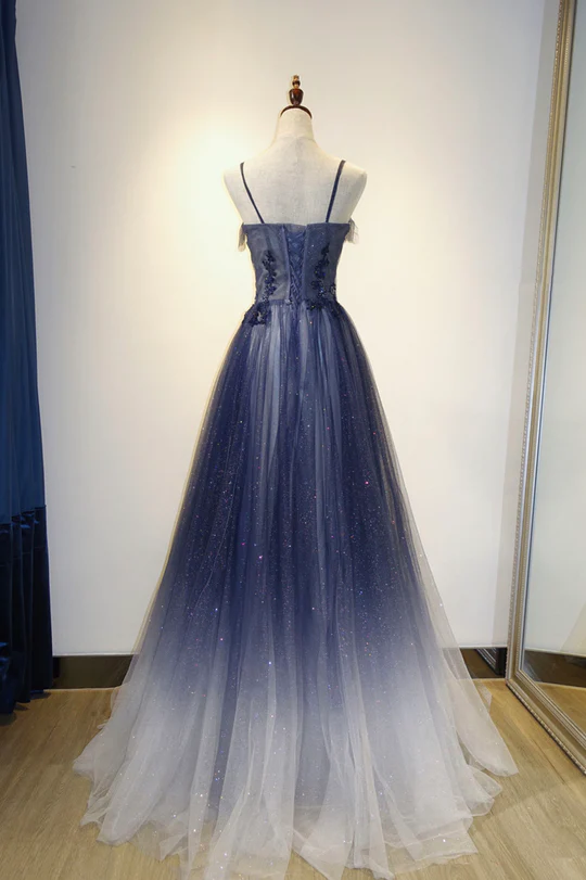 Blue Gradient A-line Tulle Long Formal Dresses Graduation Dress Woman jkprom Blue Gradient A-line Tulle Long Formal Dresses Graduation Dress Woman jkprom