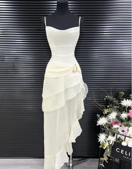 Spaghetti Straps Draped Cowl Neckline Chiffon Evening Gown Ruffled Asymmetrical Hemline