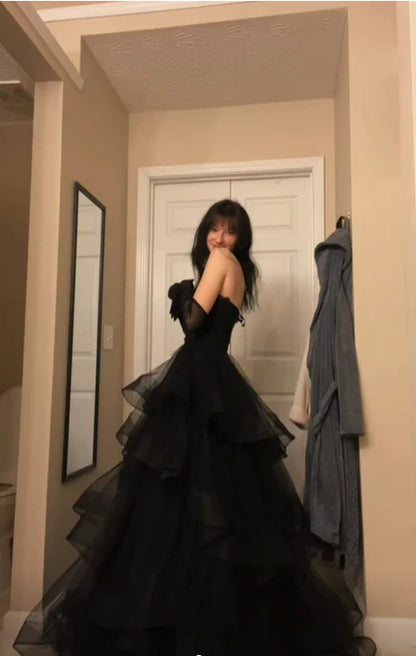 black ball gown dress Black Aesthetic Ruffle Prom Dress Ball Gown Glam Dresses – jkprom