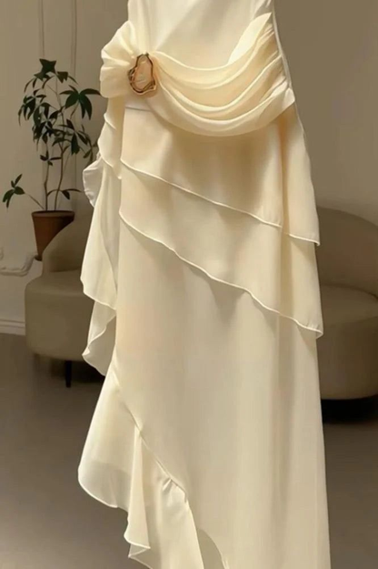 Spaghetti Straps Draped Cowl Neckline Chiffon Evening Gown Ruffled Asymmetrical Hemline