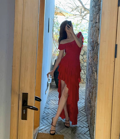 Elegant Red Prom Dress Aesthetic Ruffled Wedding Guest Dresses – jkprom