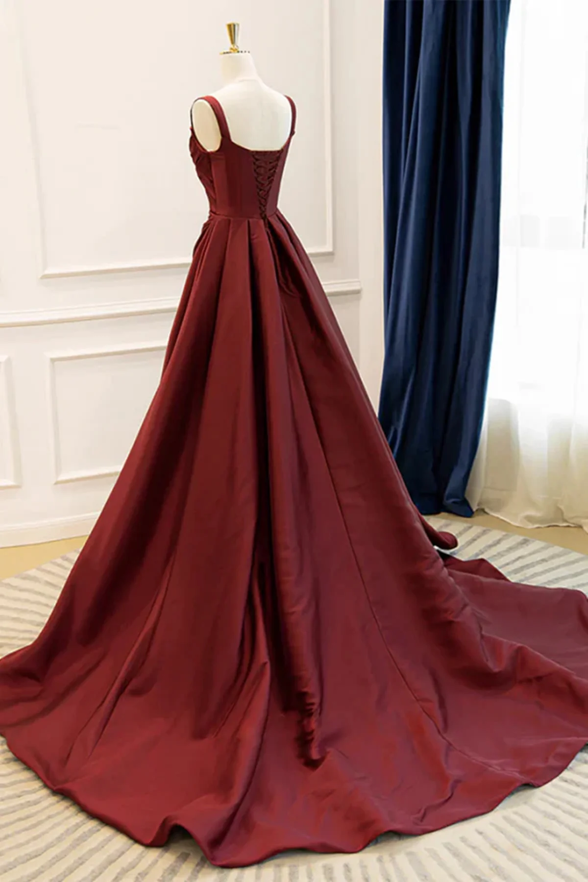 Wine Red Taffeta Straps Party Dress Long A line Evening Gowns Elegant