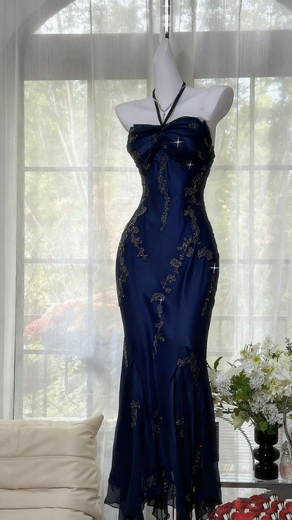 Vintage Green Mermaid Formal Evening Gown Halter Beaded Prom Dresses