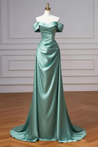 Burgundy Prom Dresses Off The Shoulder Draped Satin Floor Length Evening Dress