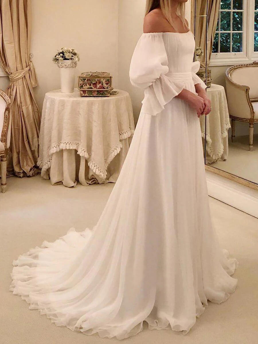 Elegant Chiffon Beach Wedding Dresses with 3/4 Sleeves – jkprom