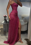 Luxury Fuchsia Prom Dresses with Slit Sparkly Maxi Gown Long