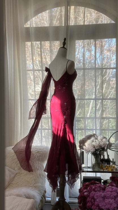 Mermaid Spaghetti Straps Burgundy Chiffon Prom Dresses Inspiration Trending Evening Gowns Formal Party