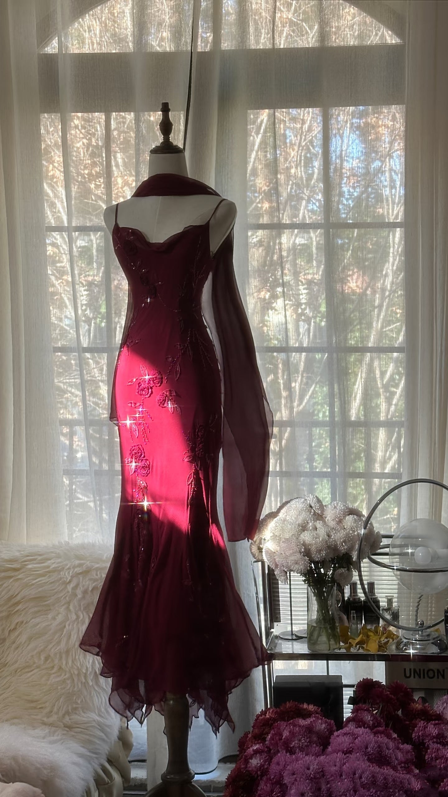 Mermaid Spaghetti Straps Burgundy Chiffon Prom Dresses Inspiration Trending Evening Gowns Formal Party