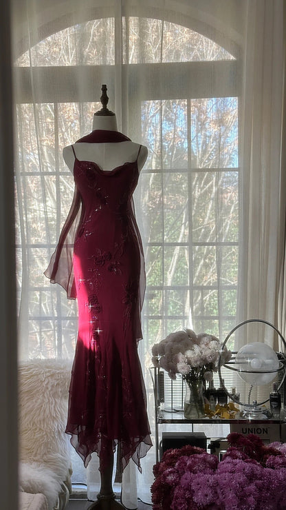 Mermaid Spaghetti Straps Burgundy Chiffon Prom Dresses Inspiration Trending Evening Gowns Formal Party
