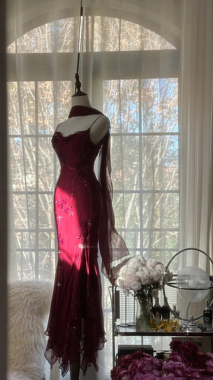 Mermaid Spaghetti Straps Burgundy Chiffon Prom Dresses Inspiration Trending Evening Gowns Formal Party