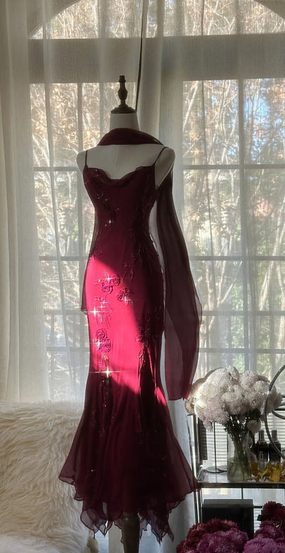 Mermaid Spaghetti Straps Burgundy Chiffon Prom Dresses Inspiration Trending Evening Gowns Formal Party