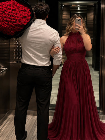 Elegant Burgundy Halter Pleated Evening Gown Flowing A-line