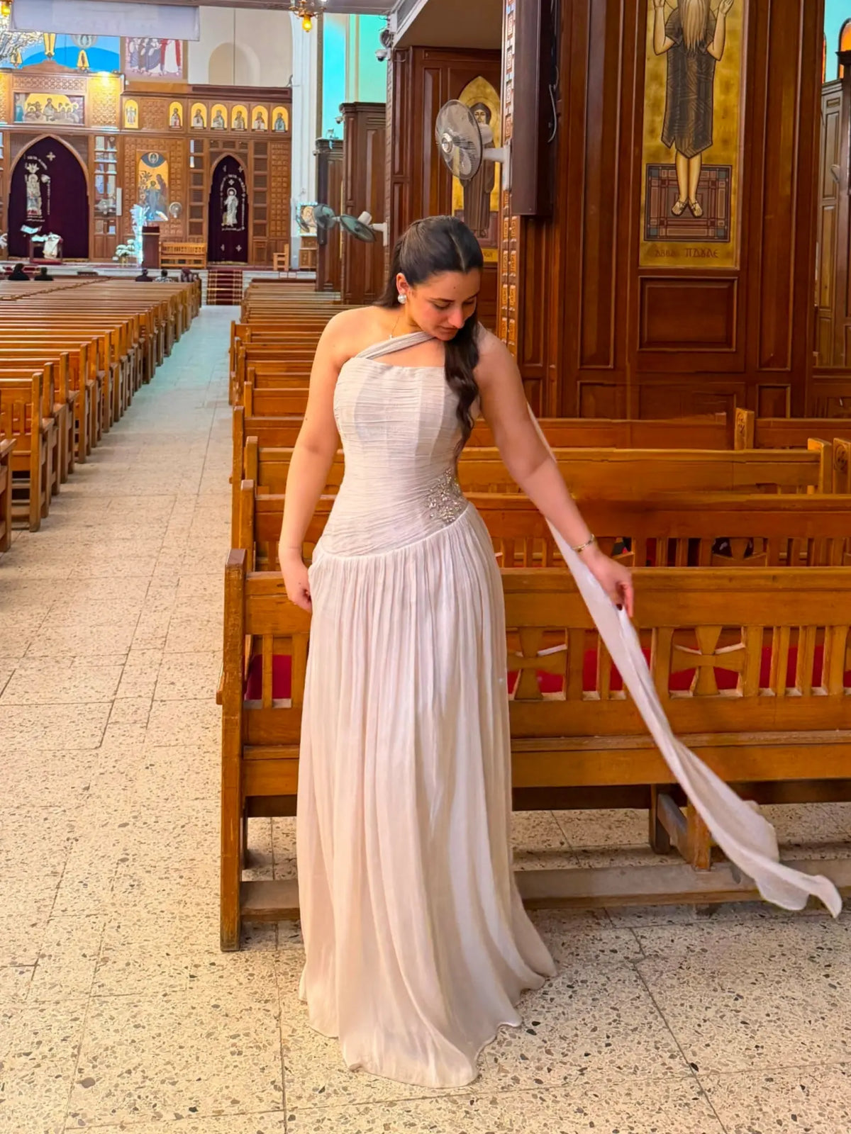 Elegant Evening Gown Strapless Flowing Draped Sash Wedding Guest Outfit