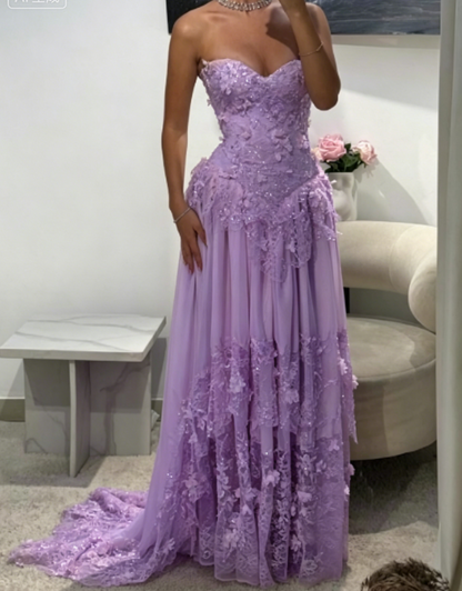 Fairy Strapless Floral Applique Long Prom Dresses Yellow Formal Evening Dresses