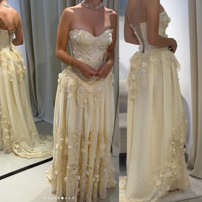 Fairy Strapless Floral Applique Long Prom Dresses Yellow Formal Evening Dresses