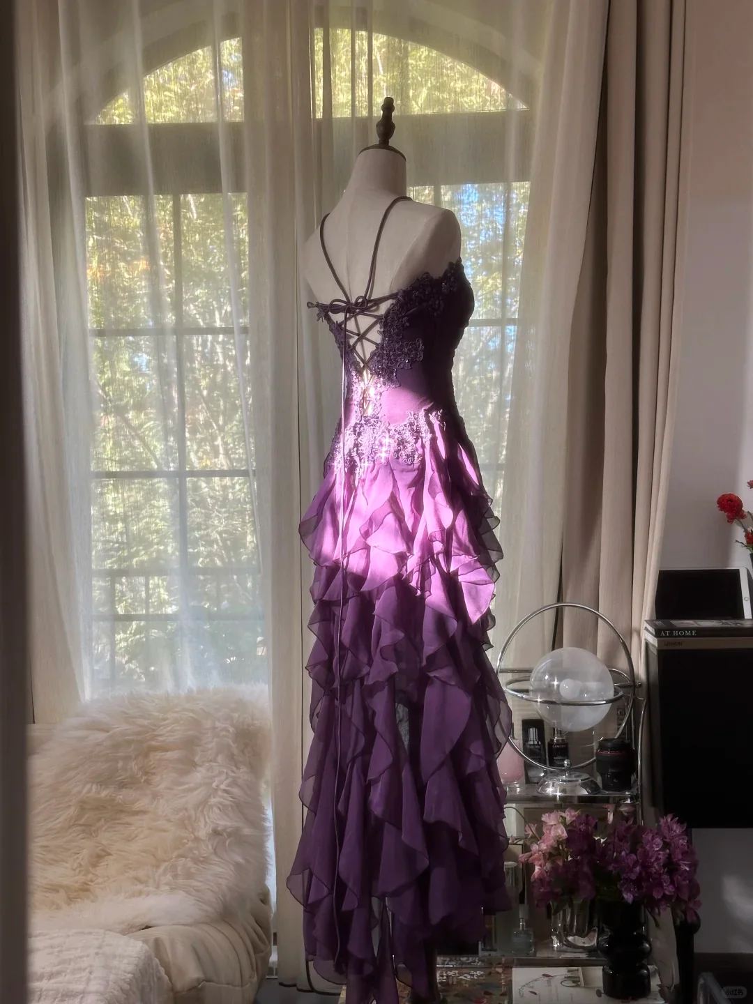 Unique Purple Prom Dress Designs Ruffle Chiffon Birthday Party Outfits Long