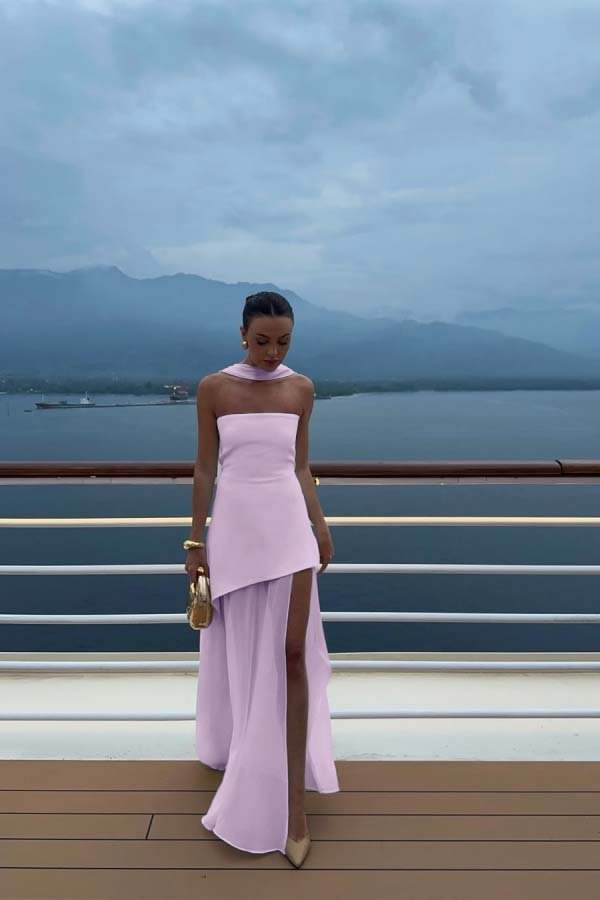 white strapless dress with split White Strapless Satin Chiffon Split Holiday Summer Prom Dress – jkprom