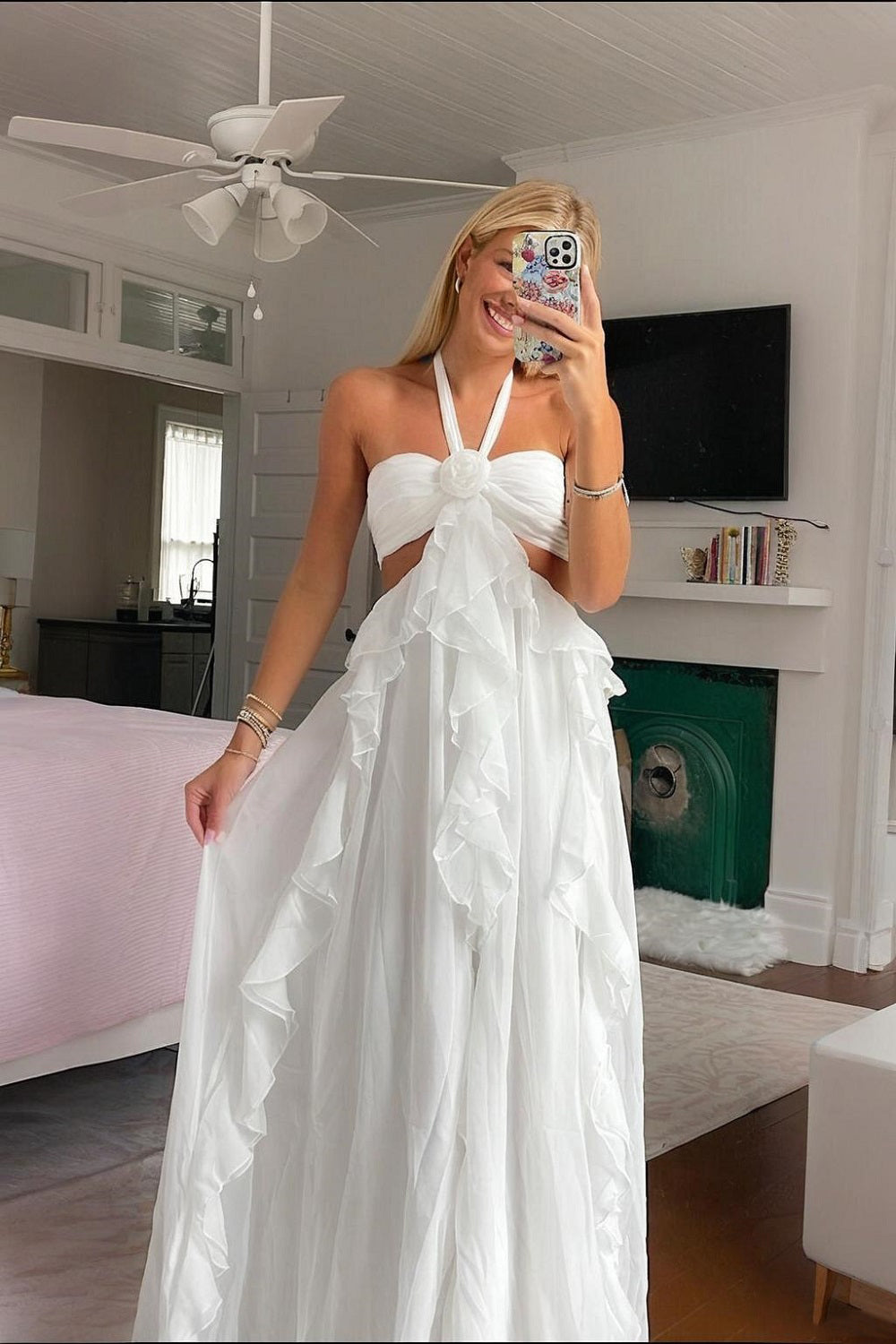 Pretty Halter Ruffle Chiffon Long Prom Dress Wedding Guest Outfit
