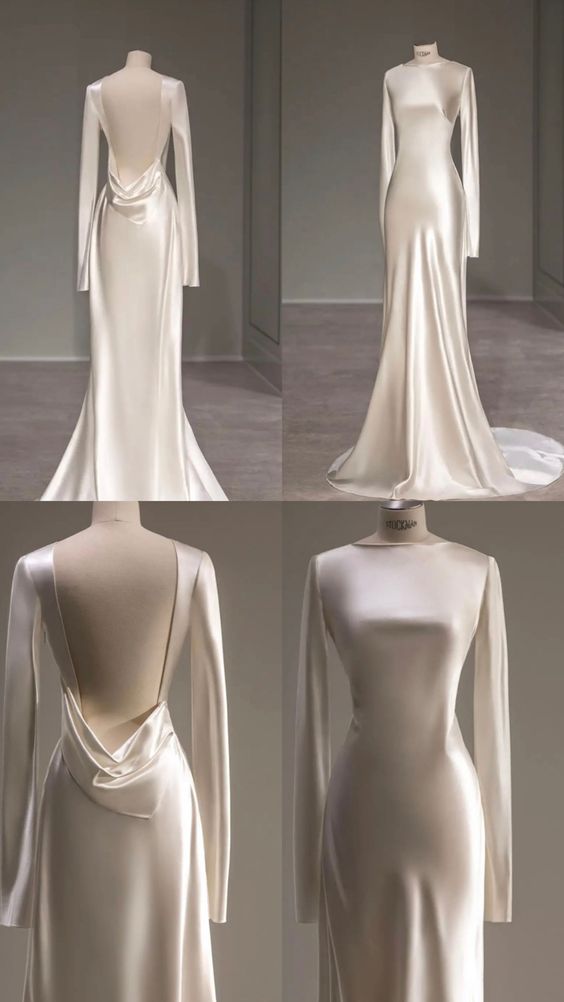 Fairytale Long Sleeve Wedding Dress Mermaid Satin Bride Gown Open Back