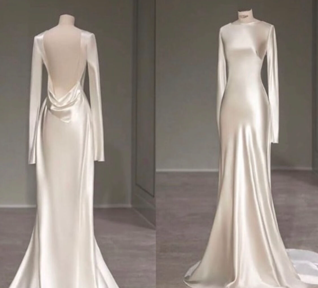 Fairytale Long Sleeve Wedding Dress Mermaid Satin Bride Gown Open Back