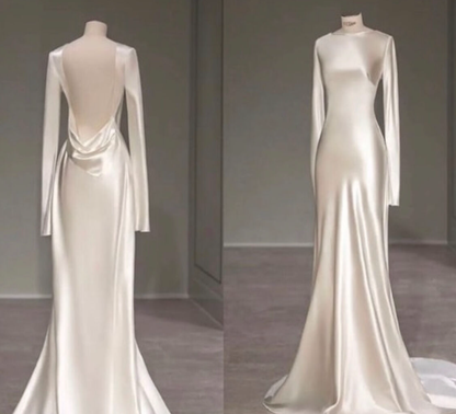 Fairytale Long Sleeve Wedding Dress Mermaid Satin Bride Gown Open Back