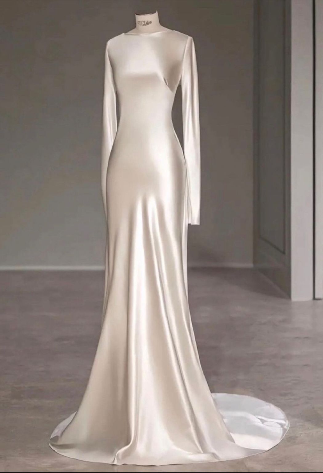 Fairytale Long Sleeve Wedding Dress Mermaid Satin Bride Gown Open Back