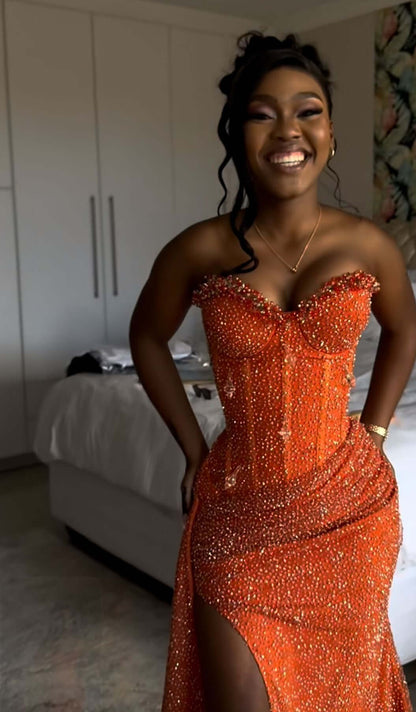 Elegant Orange Mermaid Long Prom Dresses with Slit Evening Party Dress