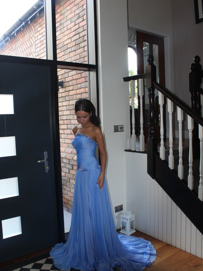 Blue Strapless Evening Gown Shimmering Beaded Neckline