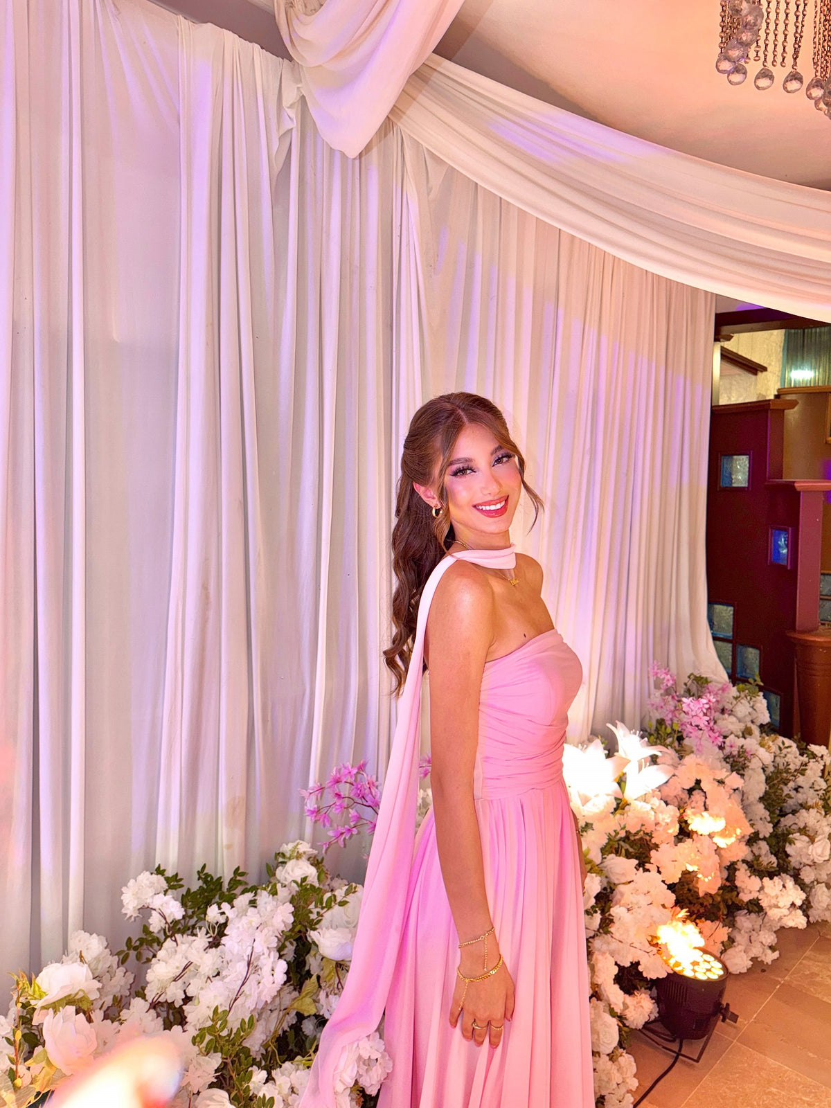 Flowing Pink Long Evening Dress Draped Scarf