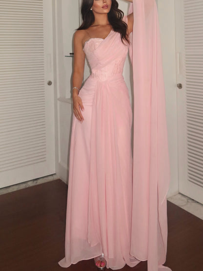Pink One-shoulder Evening Gown Draped Cape Chiffon Gala Dresses
