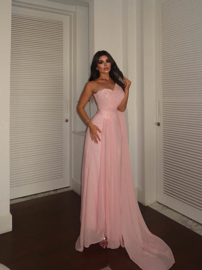 Pink One-shoulder Evening Gown Draped Cape Chiffon Gala Dresses