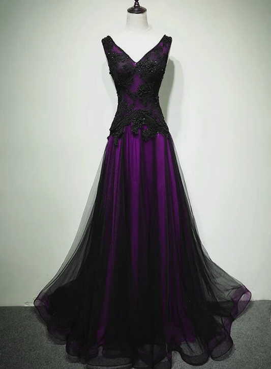 Gothic Tulle Long Prom Dress Purple and Black Formal Womens Dresses