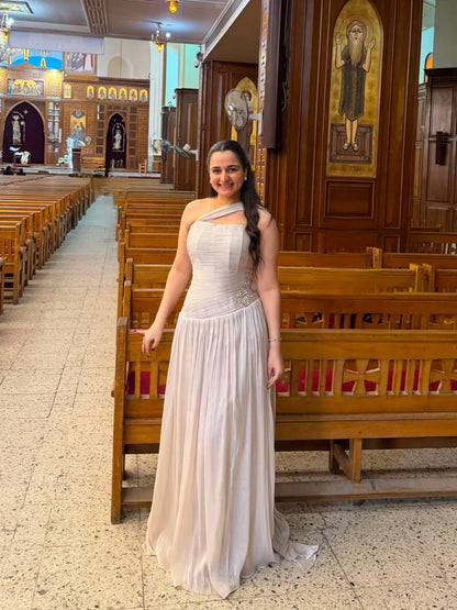 Elegant Evening Gown Strapless Flowing Draped Sash Wedding Guest Outfit
