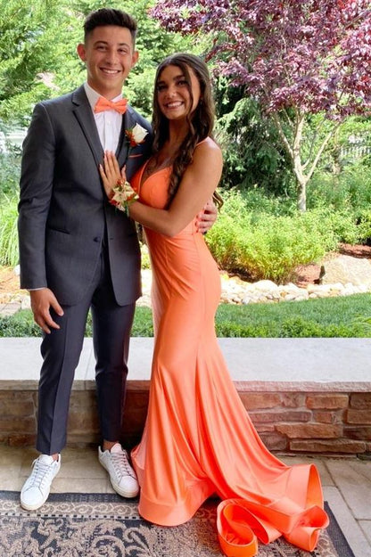 orange satin prom dress Rust Orange Deep V Neck Pleated Satin Straps Long Bridesmaid Dress with Slit